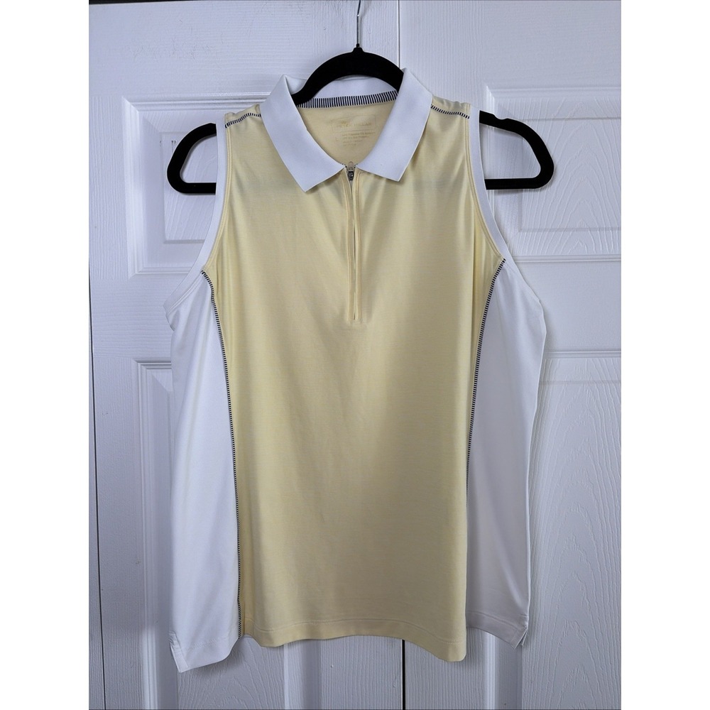 Peter Millar Sleeveless Golf Polo Womens Size L Yellow White Quarter Zip UPF 50+
